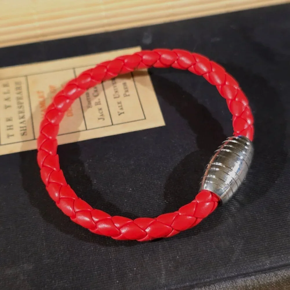 Braided Thick Red Vegan Leather Magnetic Clasp Bangle Bracelet